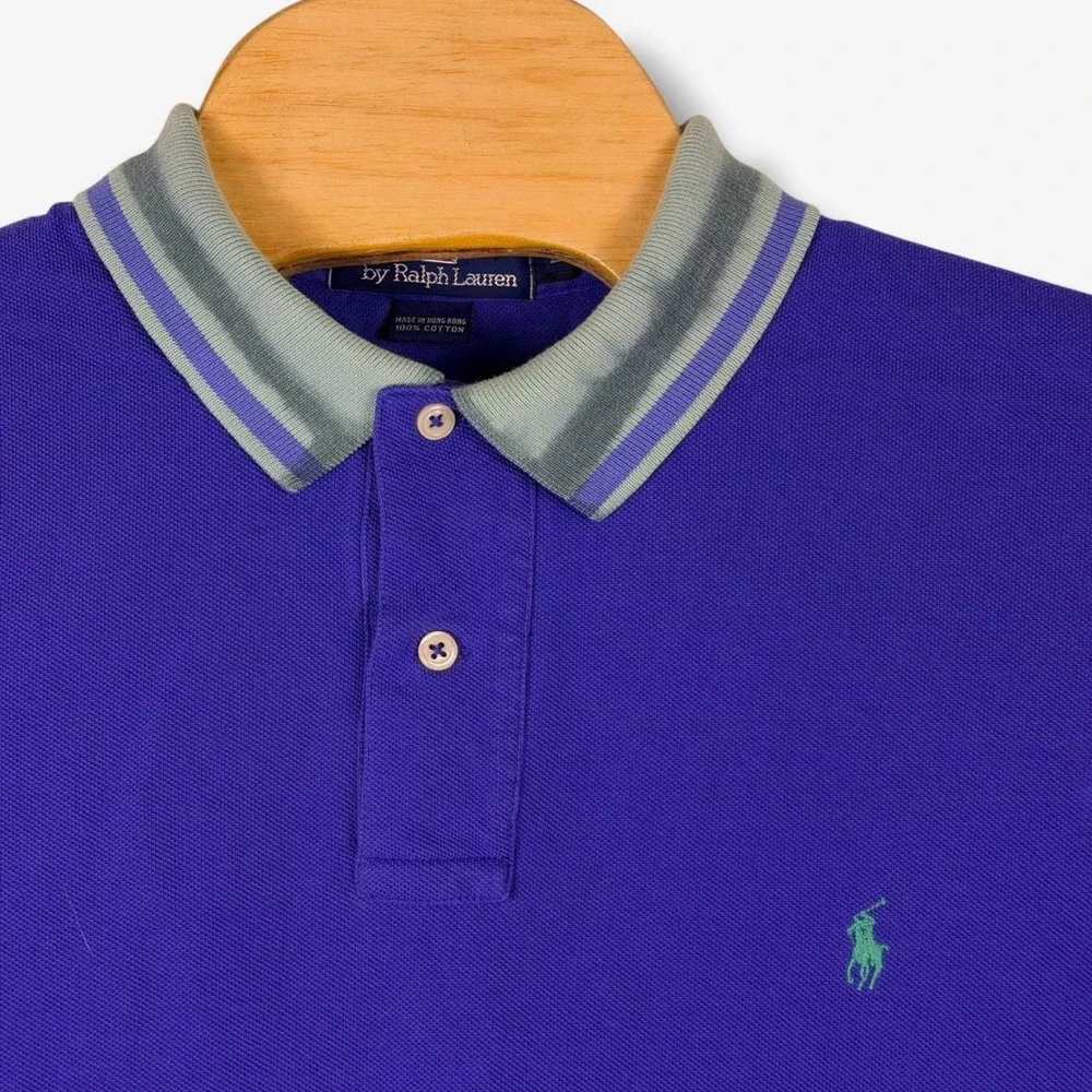 Polo Ralph Lauren Polo Shirt Men L Blue Striped Collar Cotton Pique Classic Pony
